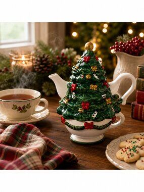 Vintage J.S.N.Y Christmas Tree Tea For One Set Hand Painted Ceramic Teapot Cup